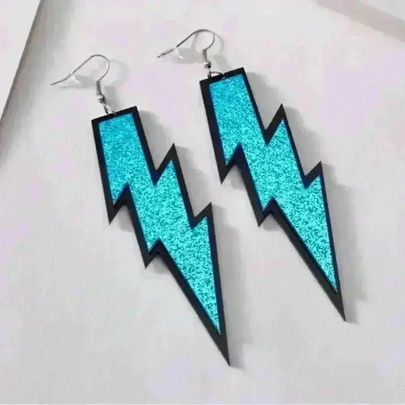 80s Retro Neon Blue Glittery Lightning Earrings, Party  Cosplay Festival Jewelry - Picture 4 of 9